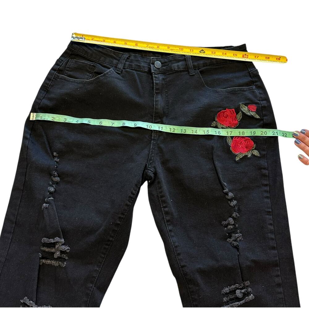 Womens Pants Size Large Black Rose Floral Soft Goth Punk Biker - Picture 6 of 8